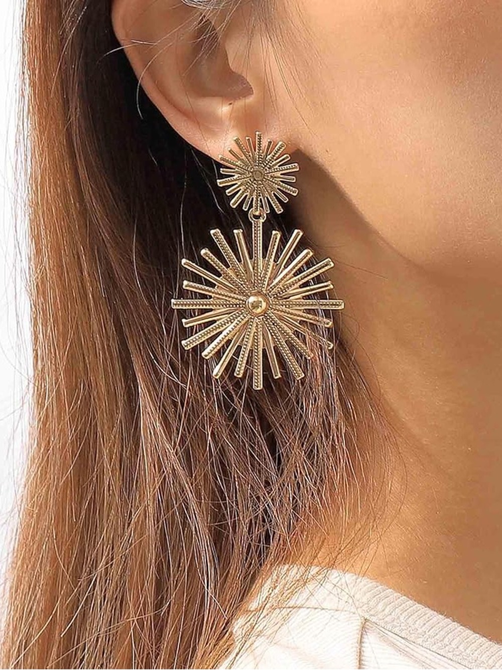 Gold Sunburst Drop Earrings Statement Celestial Sun Ray Jewelry